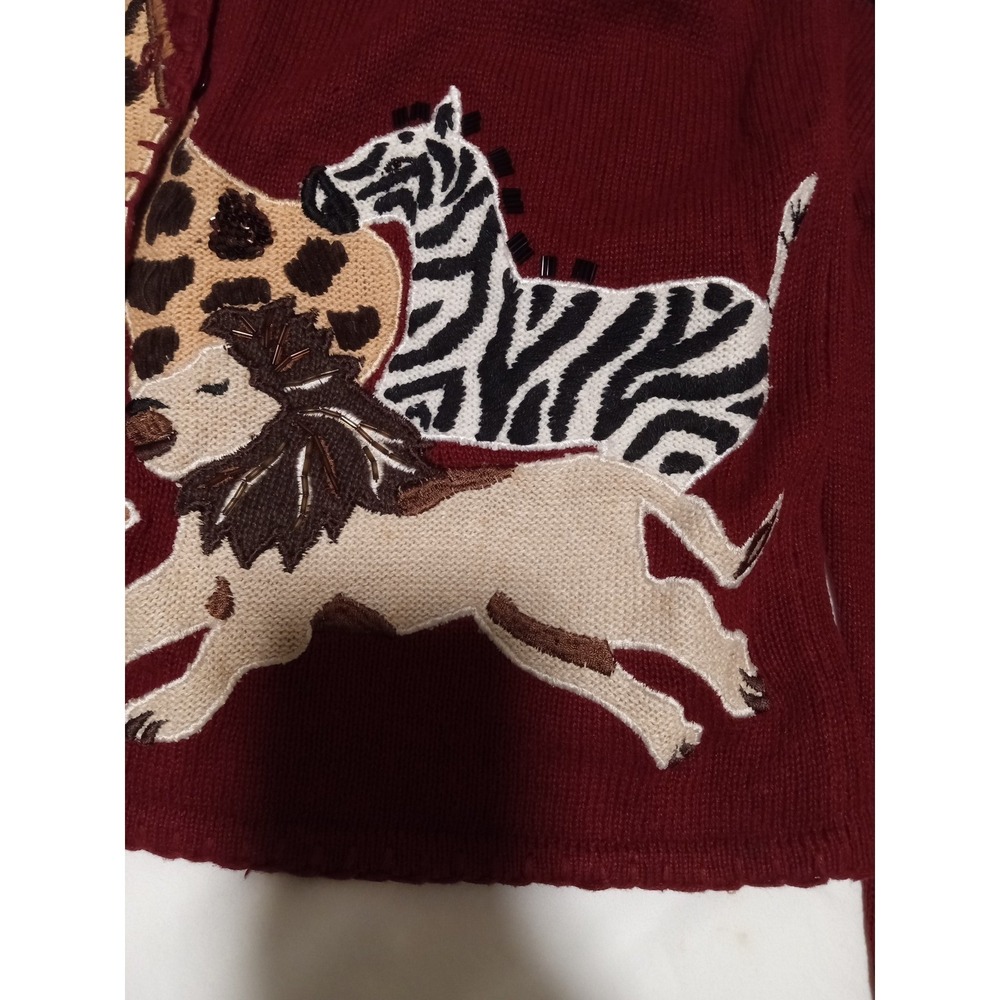 Ronni Salloway Vintage Safari Animal Beaded Cardigan Red Elephant Giraffe Small - Picture 3 of 12